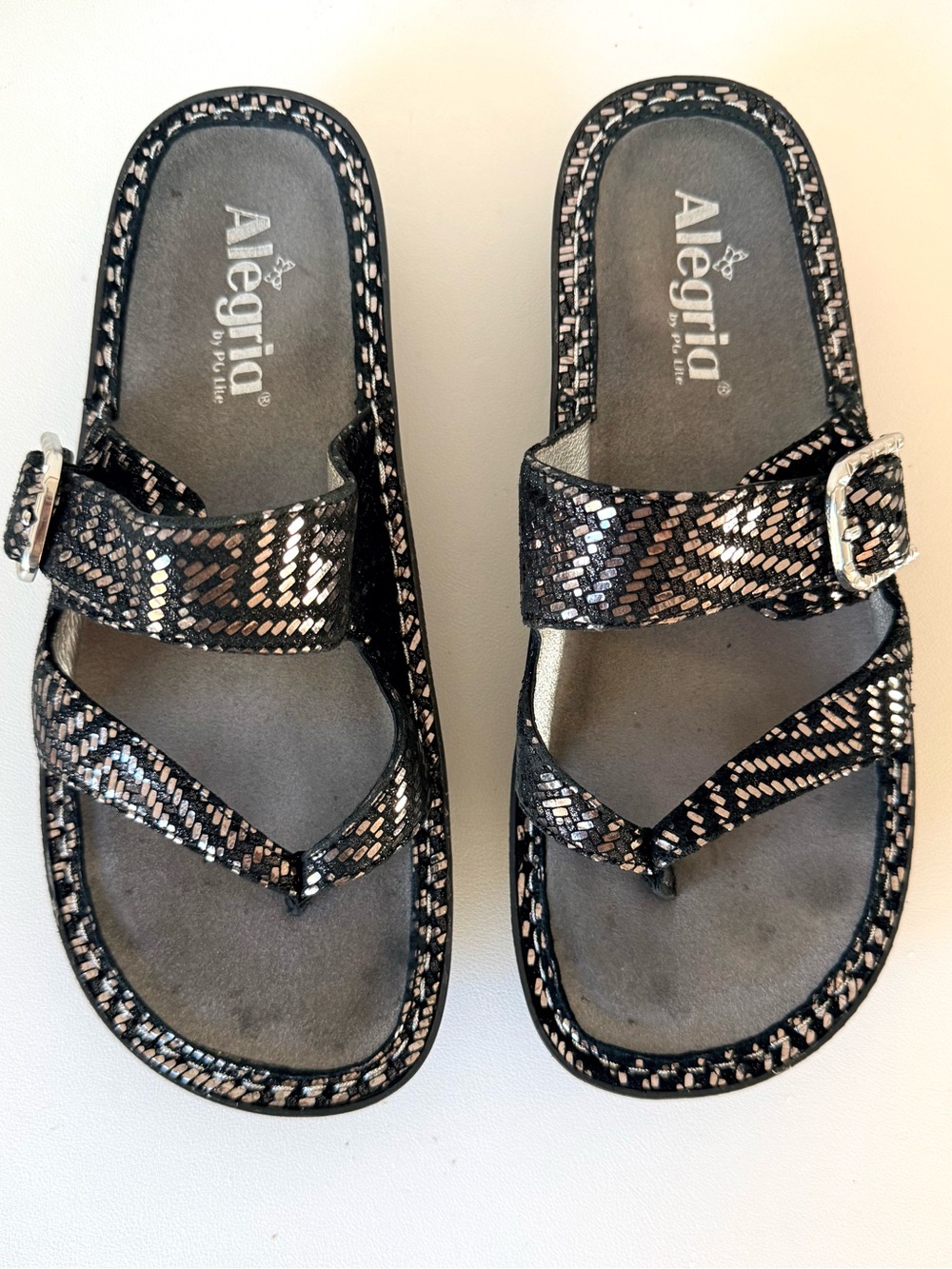 Alegria Karmen Pewter Dazzler Leather Adjustable Buckle Slide Sandals Thongs